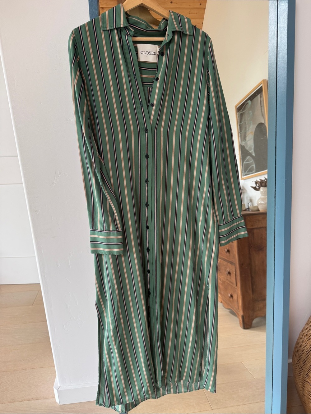 CLOSED Green and Cream Striped Long Sleeve Shirt Dress